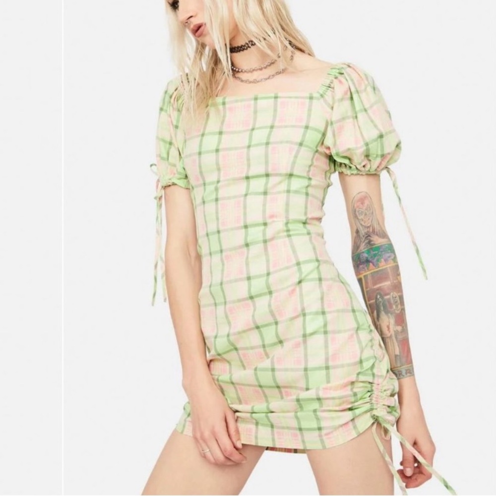 THE RAGGED PRIEST Memory Ruched Mini Dress in Green/Pink Plaid, Size Small - Picture 3 of 6